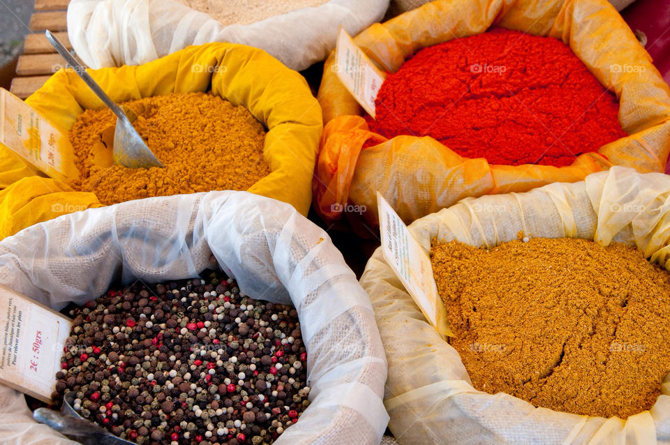 Spices on display at the farmers market in France