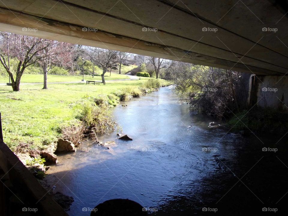 Tranquil stream running beneath a bridge
