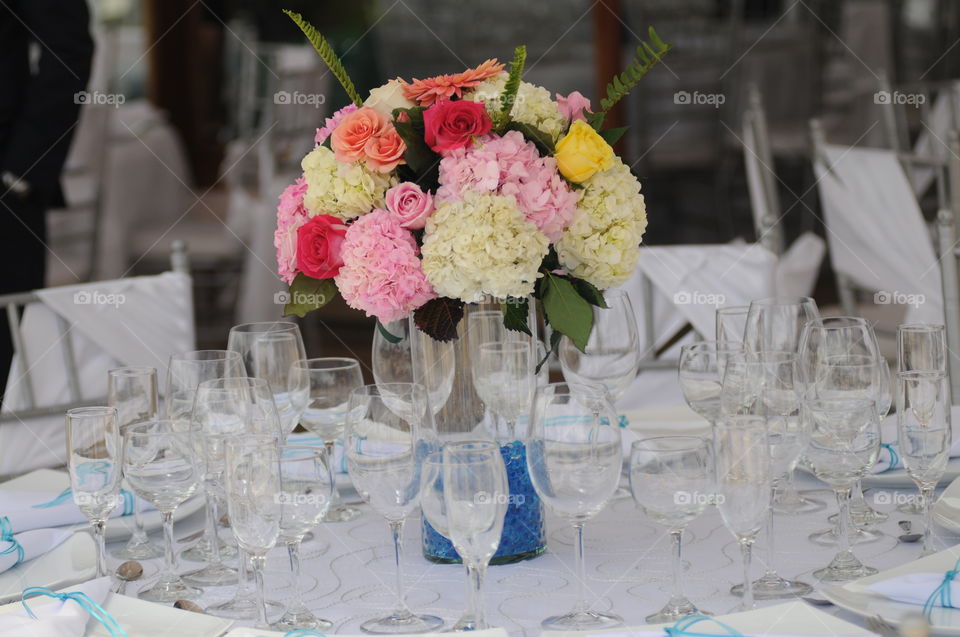 Bouquet for Bride decorated with Flowers glasses on table