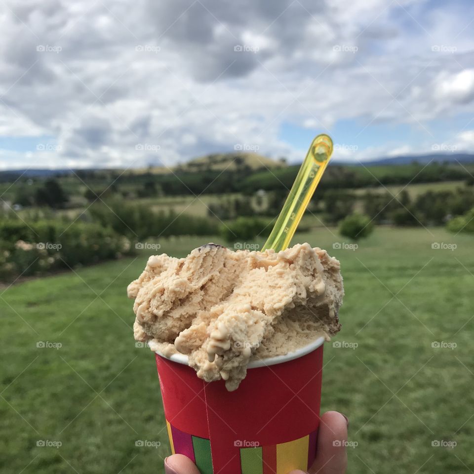 Ice cream overlooking rolling hills of nature outside Melbourne, Australia.