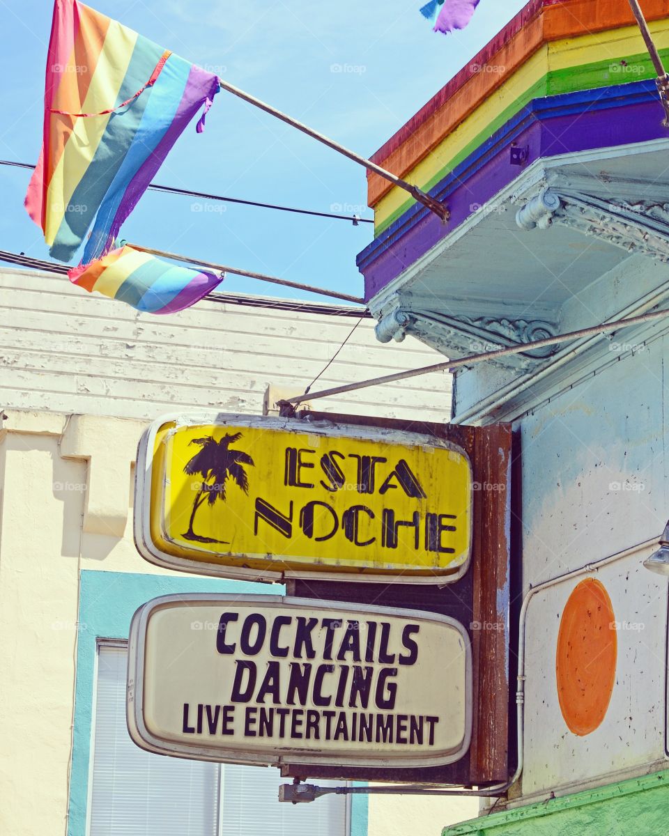 Front sign of a gay bar in the Mission district of San Francisco 