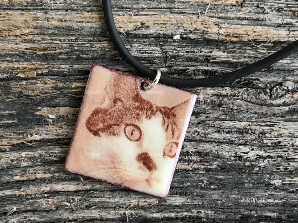 A close up view of a photo enameled pendent of our cat whose name is JJ!