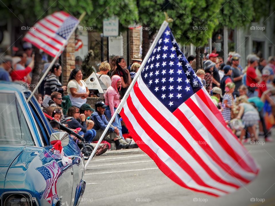 American Pride. Flags In A Fourth Of July Parade
