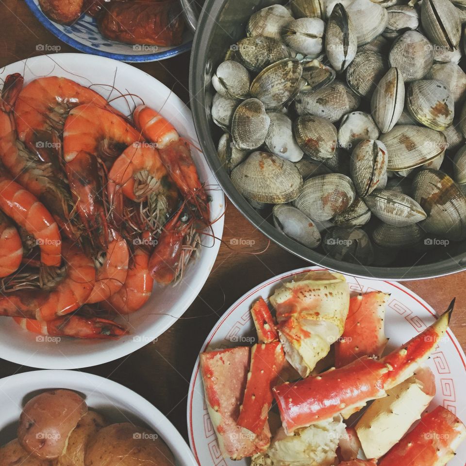 Seafood On Table. Family cookout last night. 