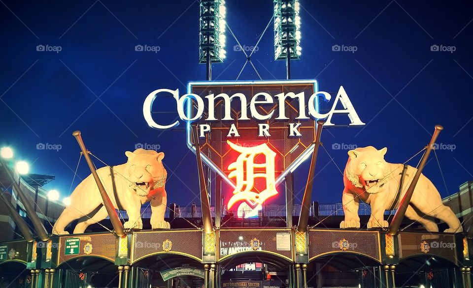 Tiger Stadium in Detroit Michigan at dusk.