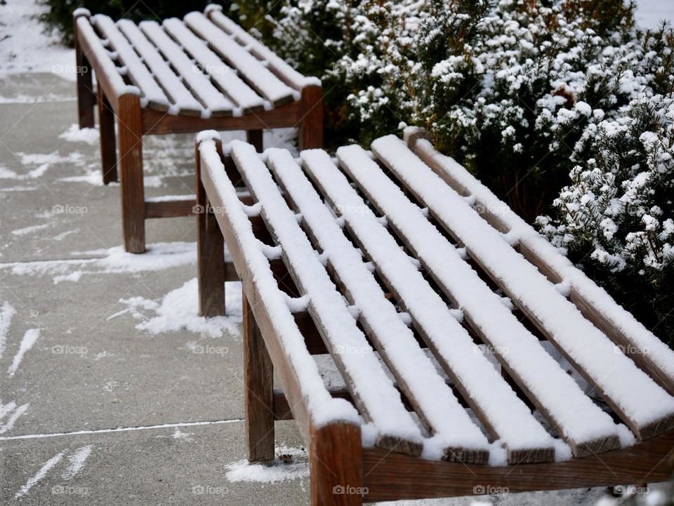 Some wood benches are covered with a dusting of snow, from an overnight “storm”. 