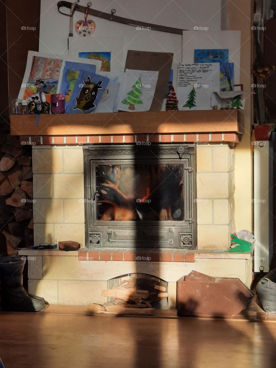 fireplace in sun with window shade