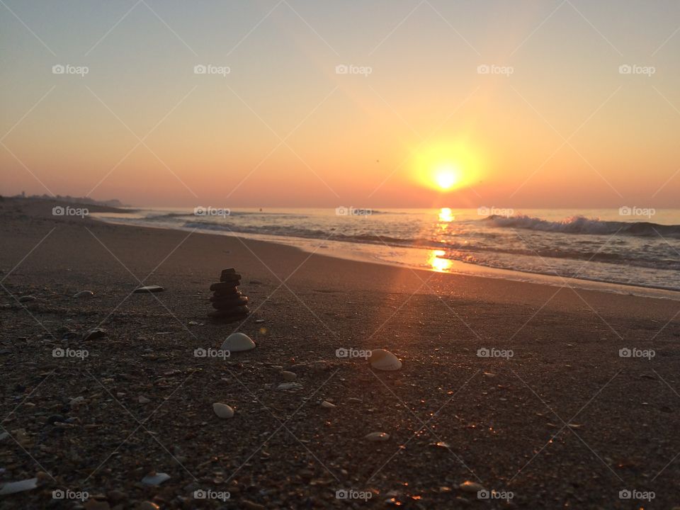 Shells and stones on a beach at sunrise