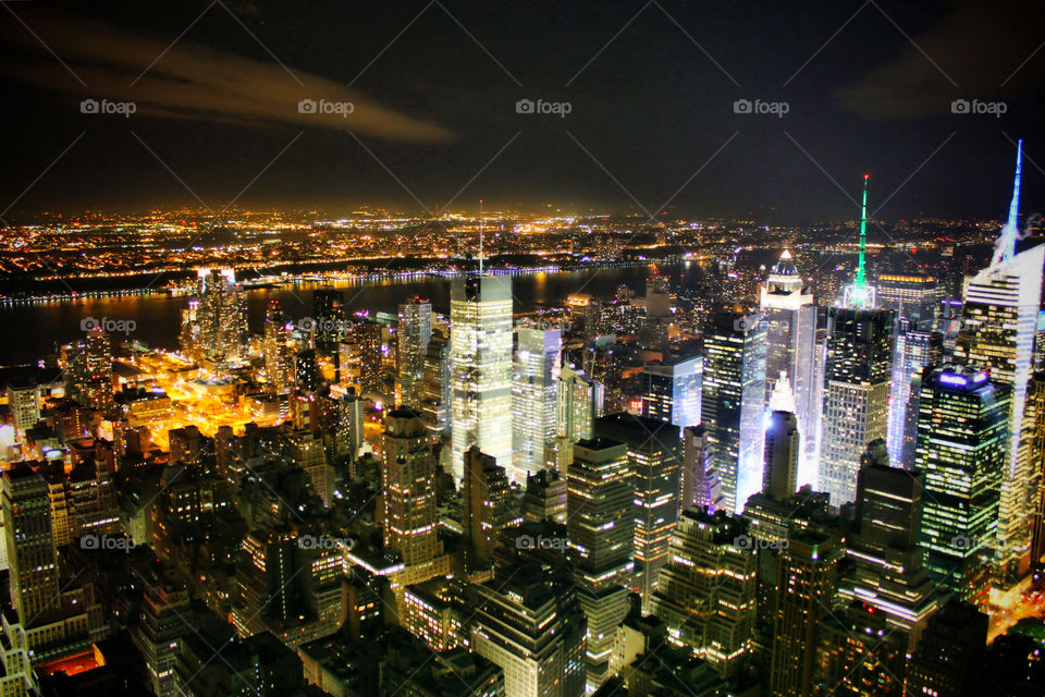 A night time shot looking out over New York.