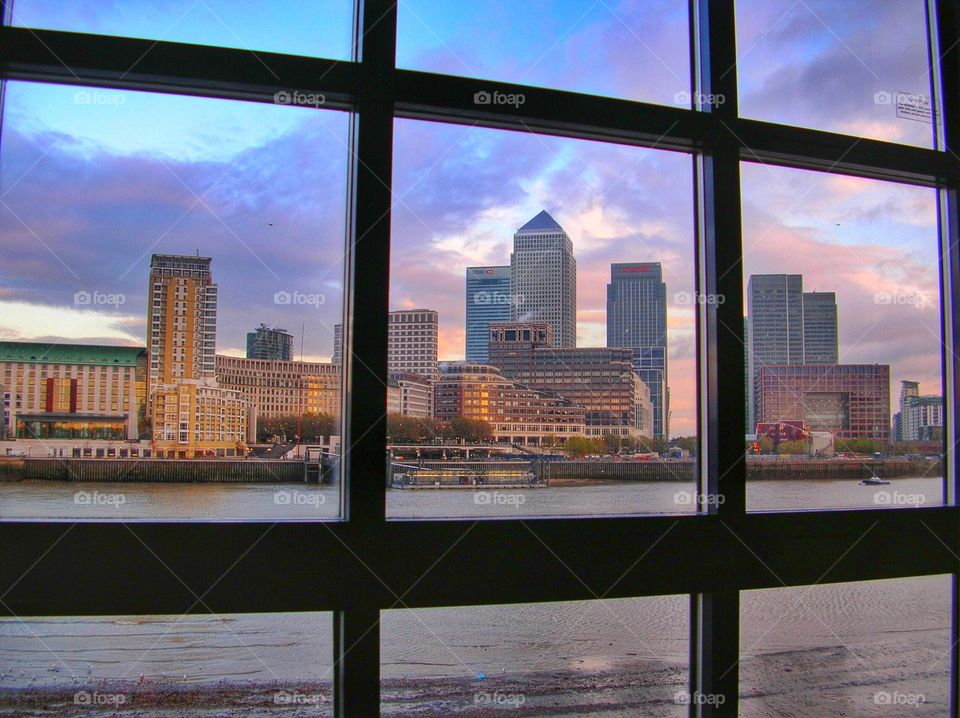 London Canary wharf skyline during sunset