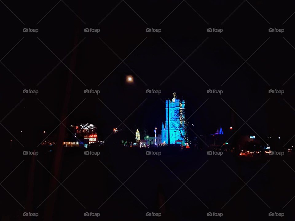 Church lit up at night