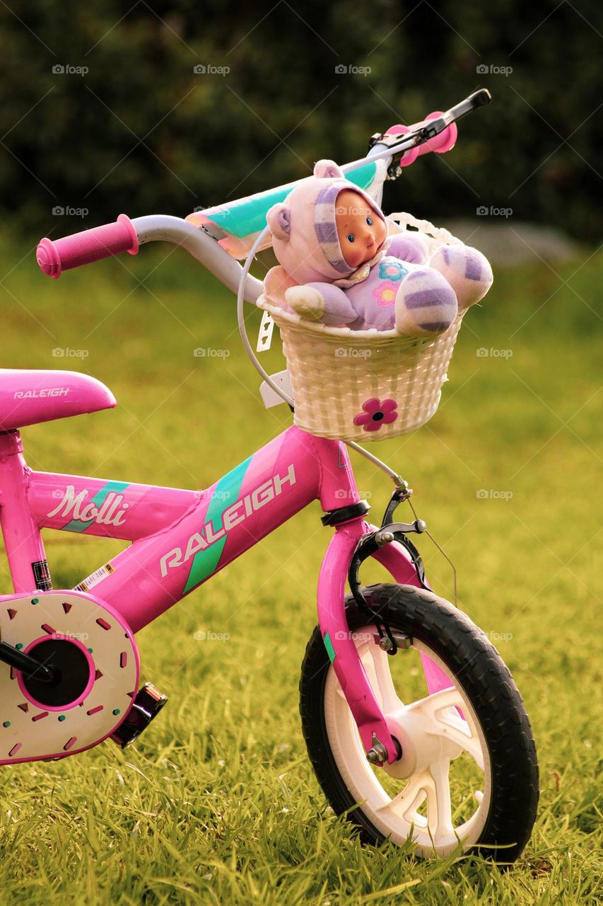 Close up of a toddler's bicycle with toy