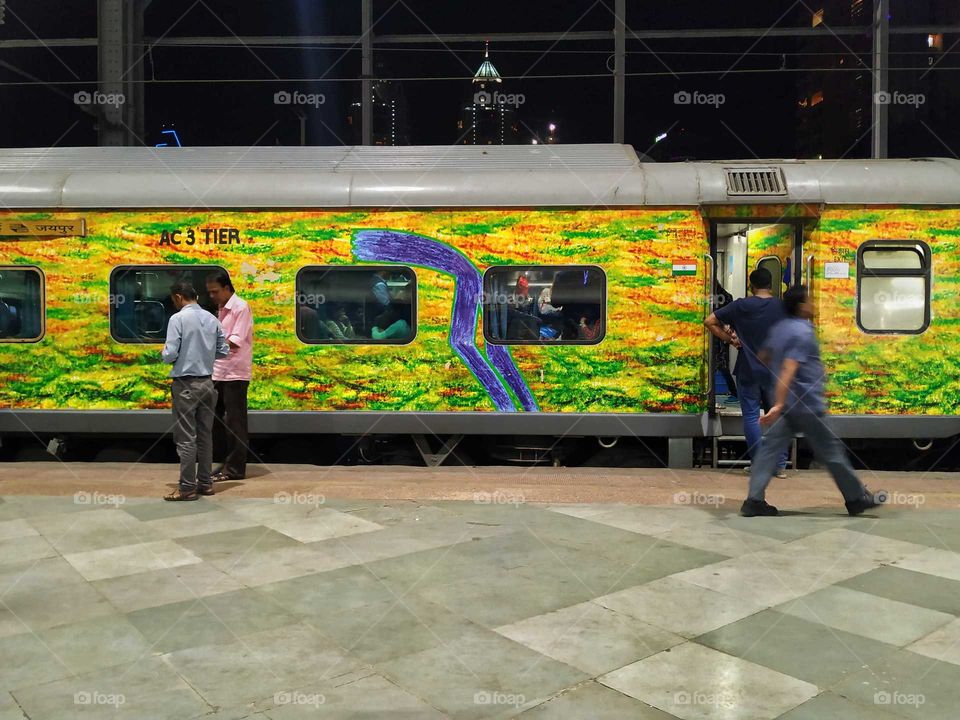 A fully air conditioned train for Jaipur from Mumbai Central Station (India). This train is named as Mumbai-Jaipur Duronto Express. Its an affordable journey with a ticked priced just 2300 Indian Rupees and that includes dinner and breakfast.