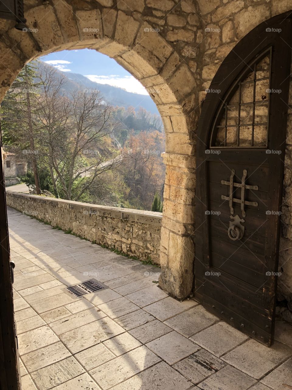 Main gate of the medieval village of Castel Trosino, Ascoli Piceno county, Marche region, Italy