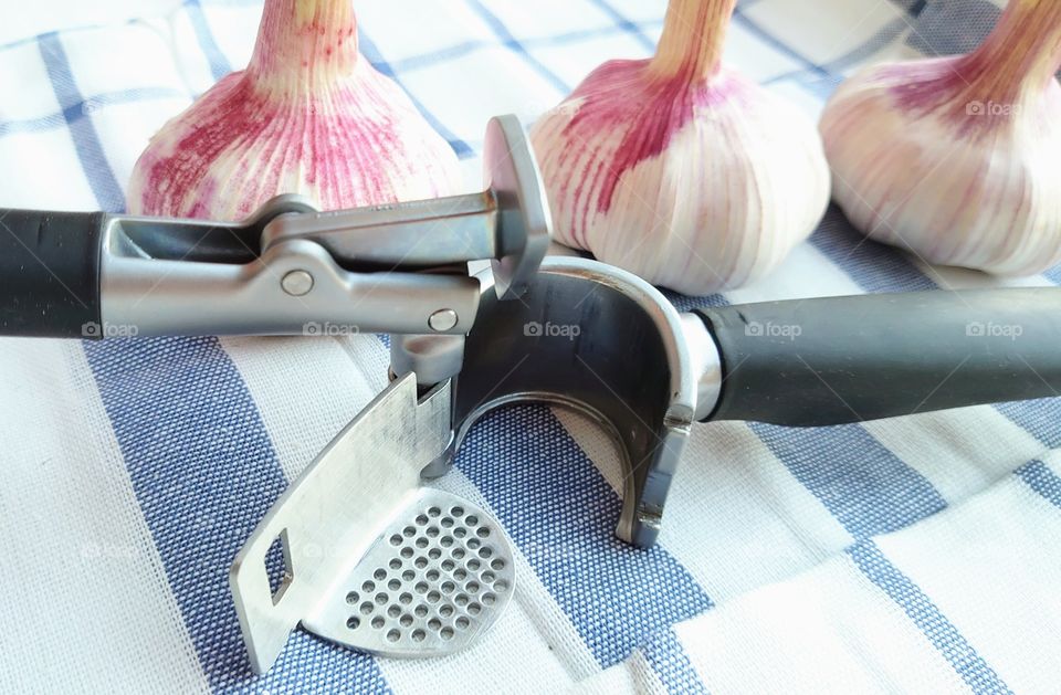 Kitchenware! Garlic press on kitchen towels, Ikea, Sweden