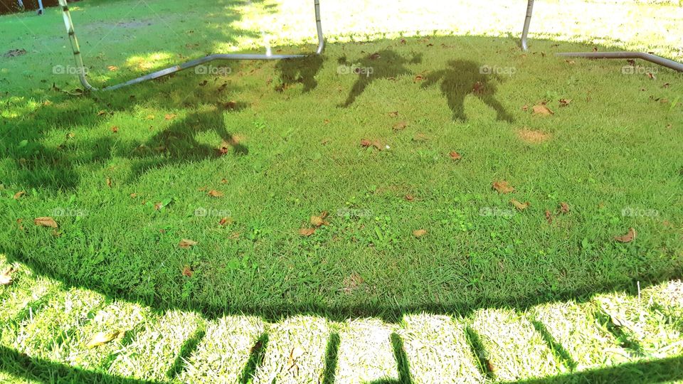 shadows underneath a trampoline where kids are playing and jumping