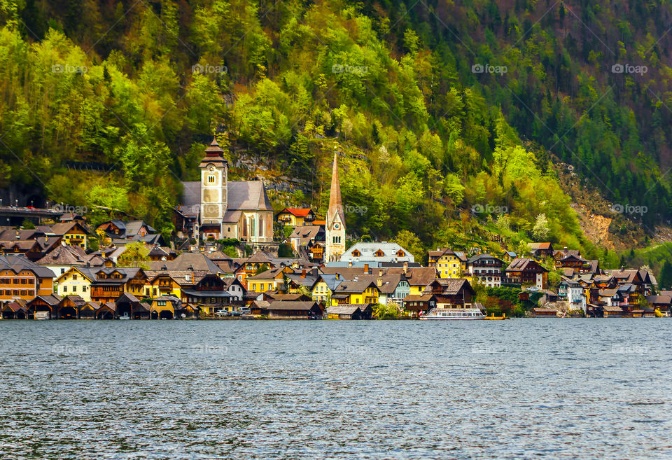 Scenic view of Hallstatt village against mountains