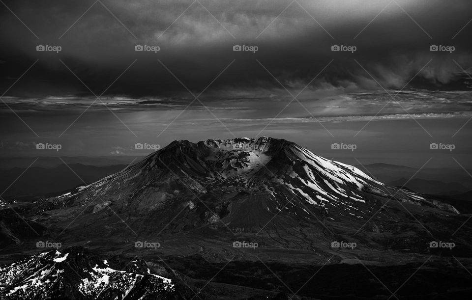 Black and white areal of Mt. St Hellens 