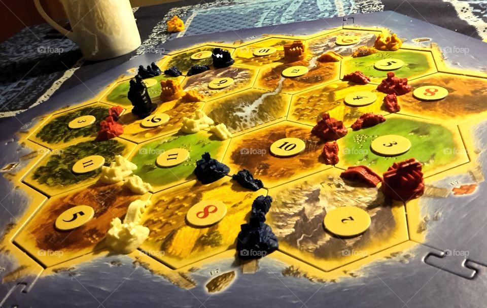 playing the boar game 'Settlers of Catan '