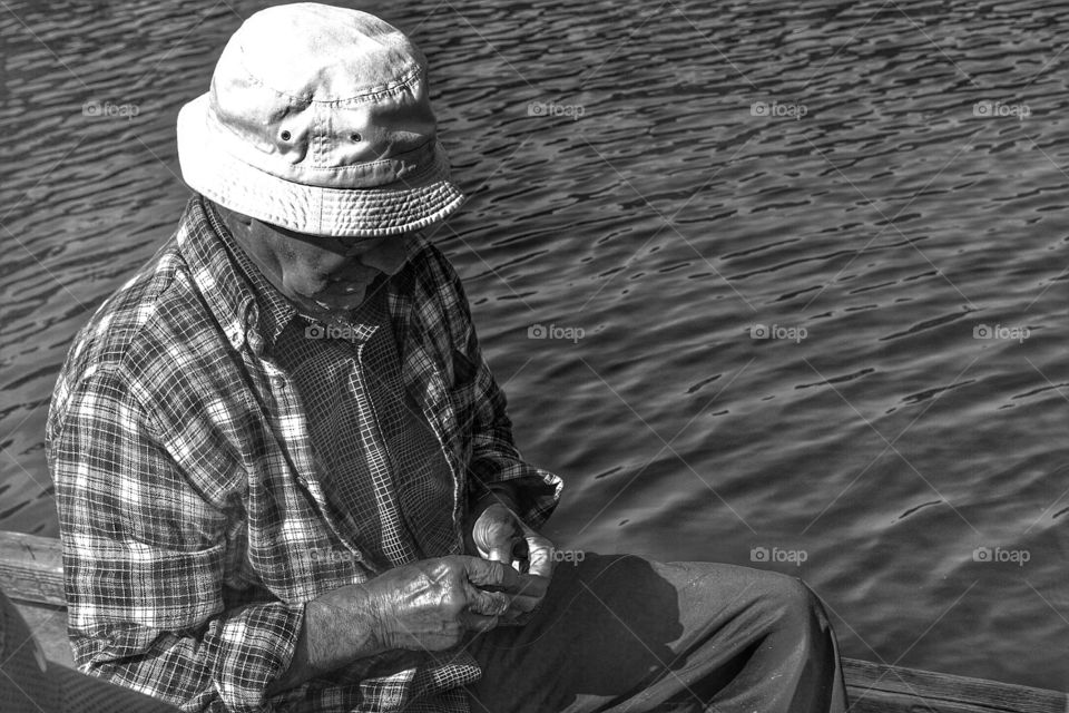 Fisherman study in black and white. Fisherman study