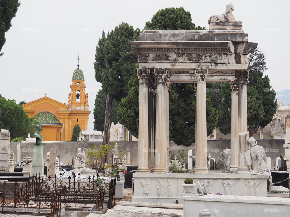 View of the jewish cemetery at the château in Nice, France.