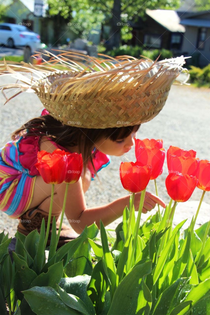 Little girl picking tulip flower