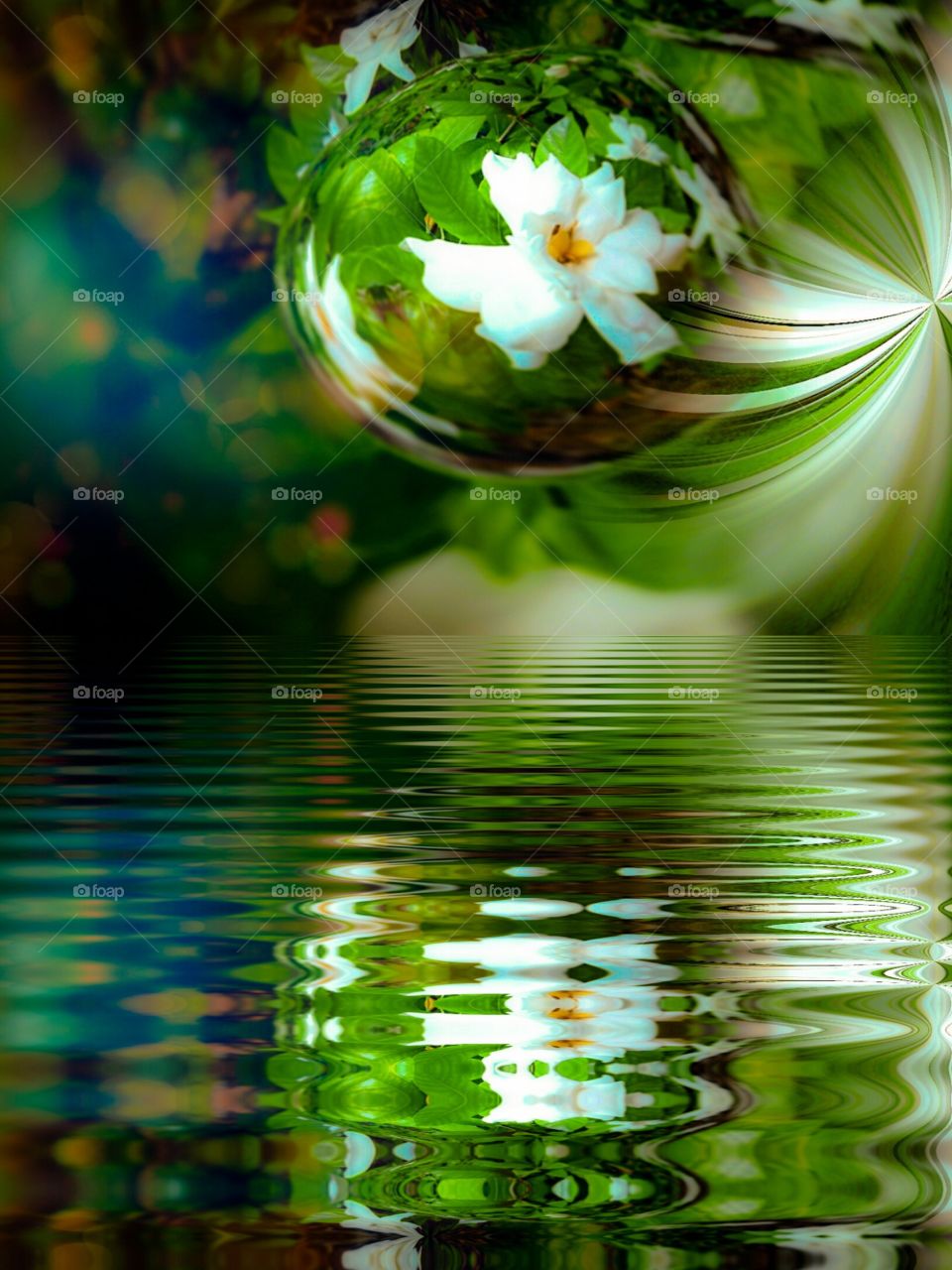 gardenia in a crystal ball over the water
reflecting