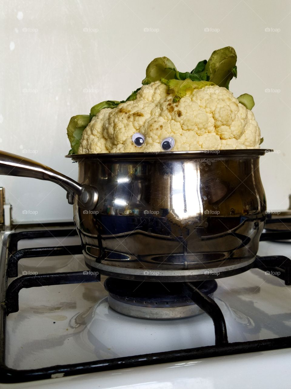 A metal  caucepan on a metal gas stove.  Scared cauliflower hid in a saucepan