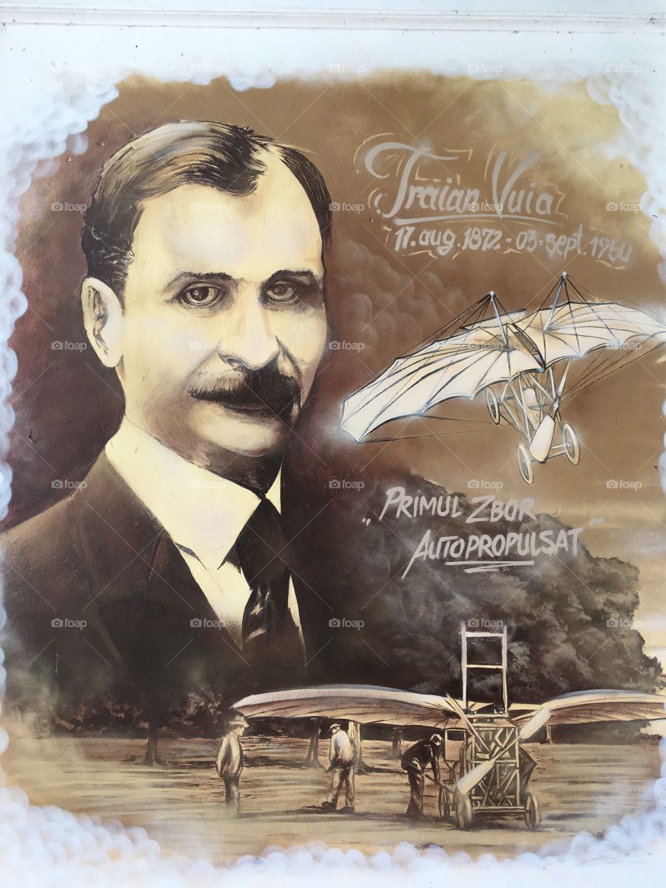 Traian Vuia, romanian inventor and aviation pioneer, graffiti on a wall in Bucharest