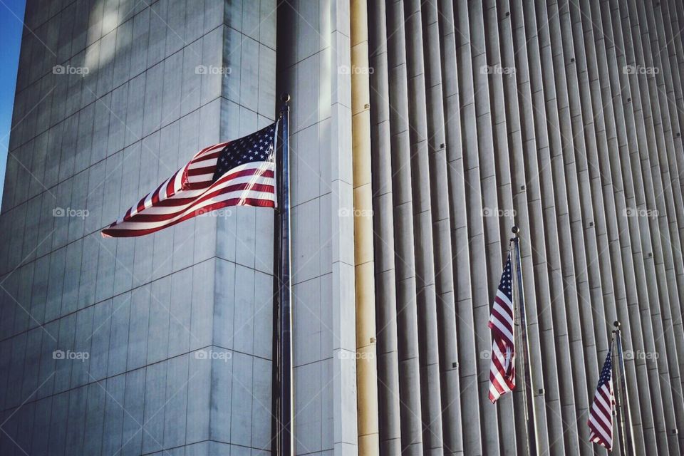 American Flags wave in front of government building.