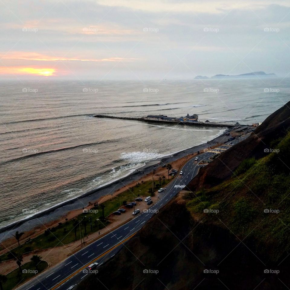 Sunset along the coast of Miraflores in Lima Peru
