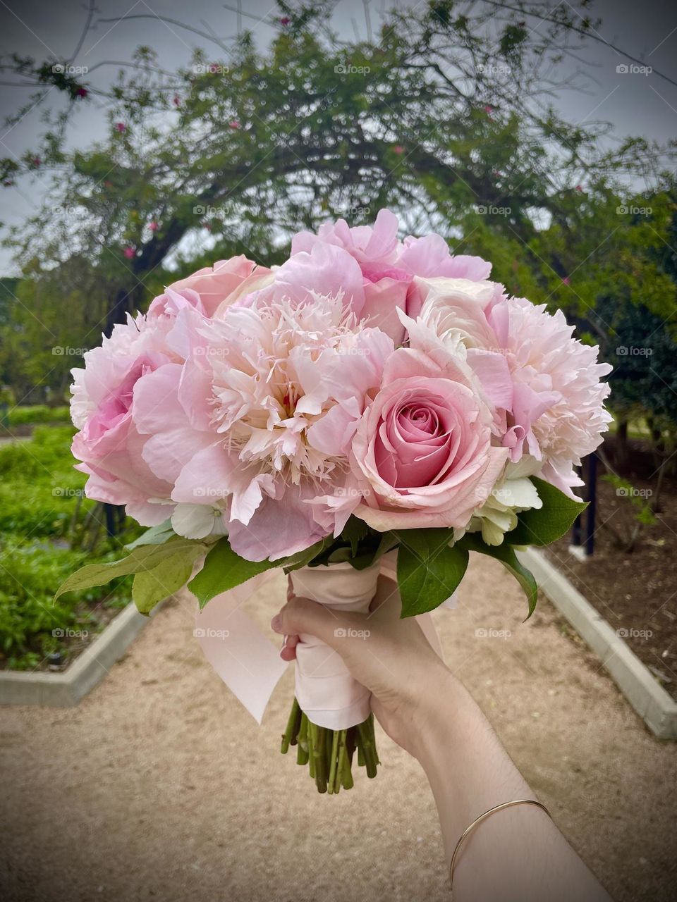 My daughter’s wedding bouquet! Pink roses and pink peonies- her favorites!!