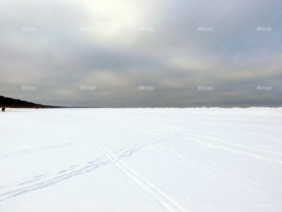 Snowy landscape during winter in Jūrmala, Latvia.