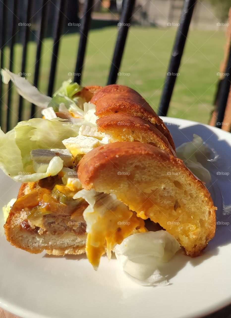 Garlic bread, burger