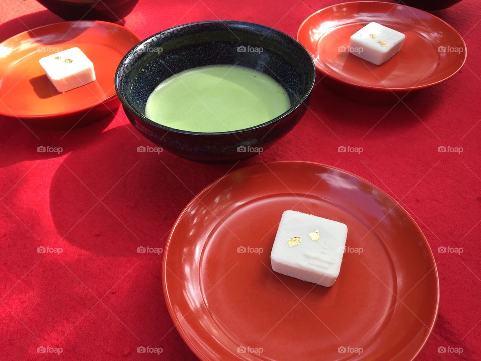 Tea and sweets at the Golden Pavilion in Kyoto Japan 