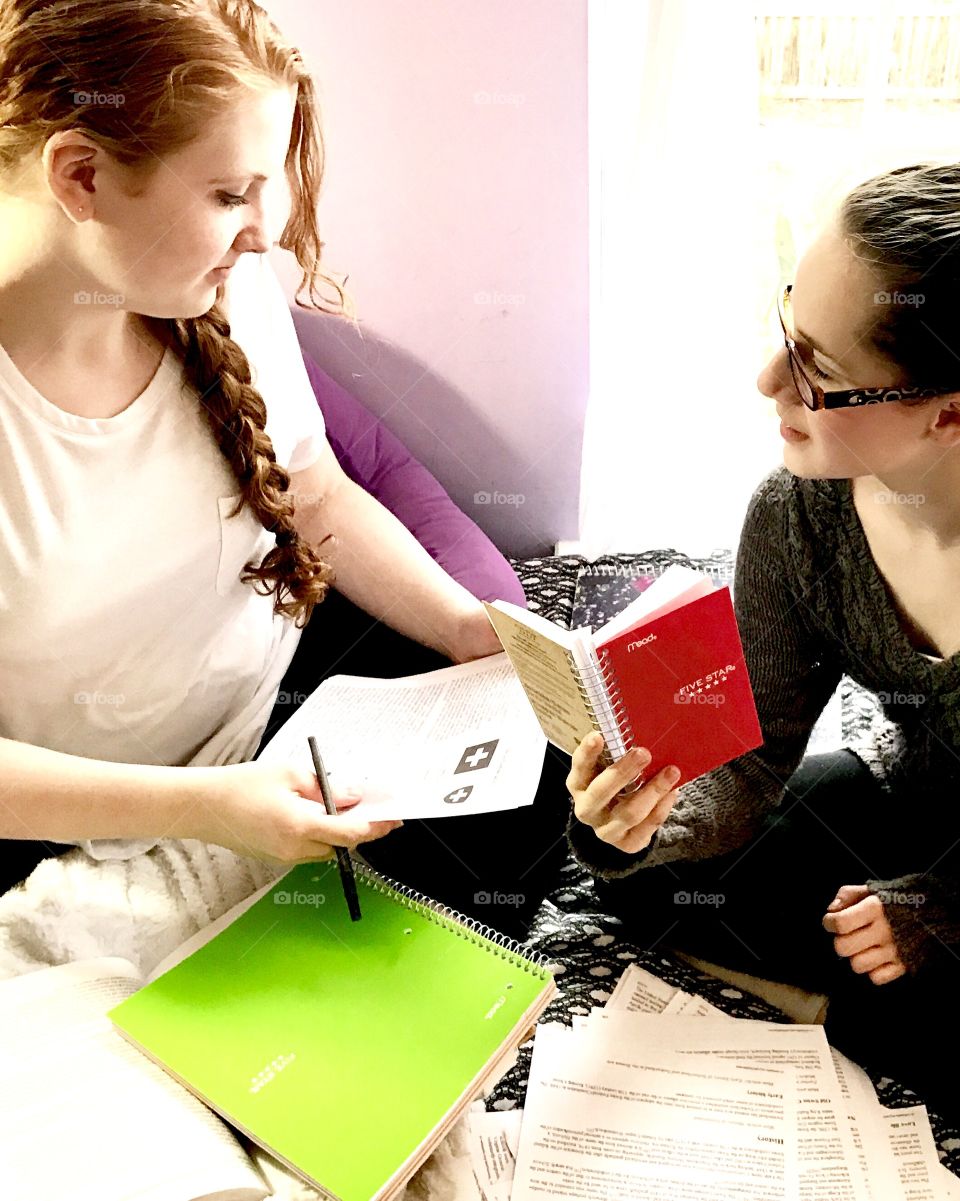 Two teens studying