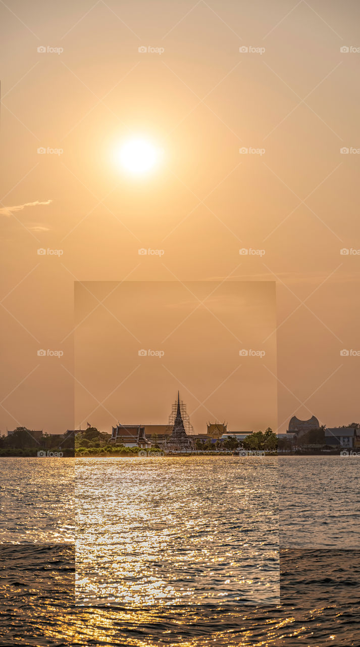 Mirror overlay the famous landmark pagoda  PraSaMut Jedi in Thailand