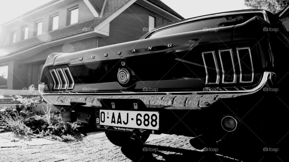 black and white old mustang