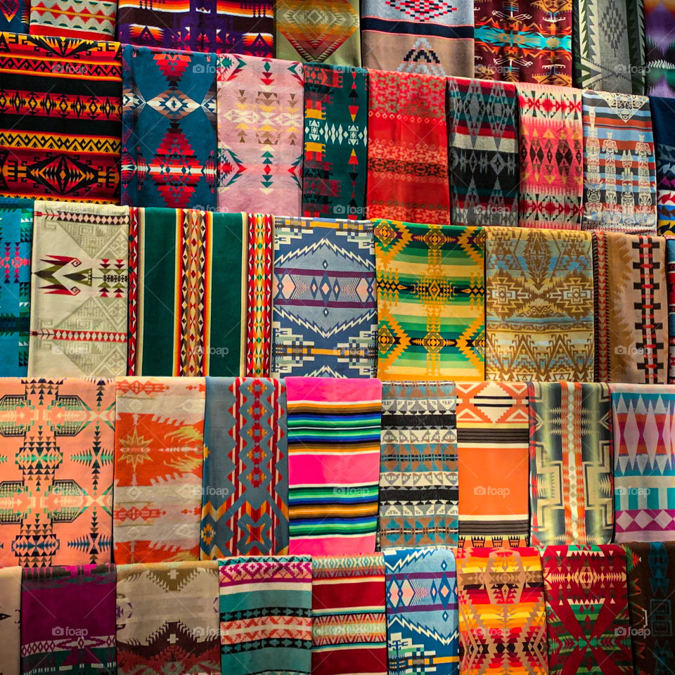 Chihuly colorful Pendleton blanket at the Chihuly glass museum in Seattle, Washington. 