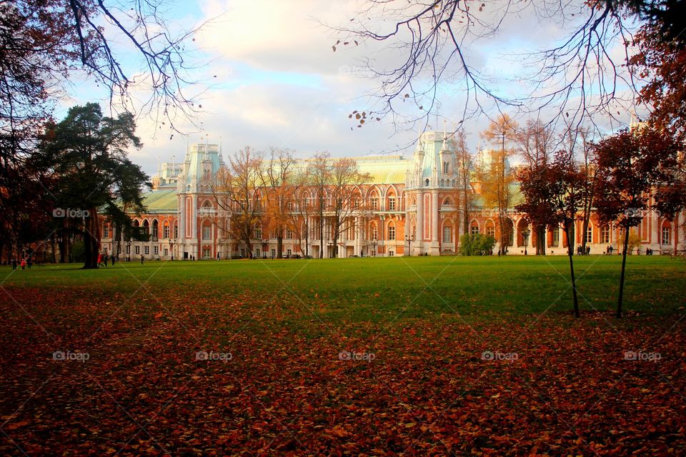 View of museum in Tsaritsyno park in fall, dried leaves on grass, golden trees around