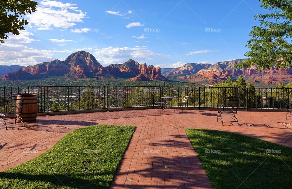 A beautiful outdoor patio overlooking the red rocks of Sedona Arizona