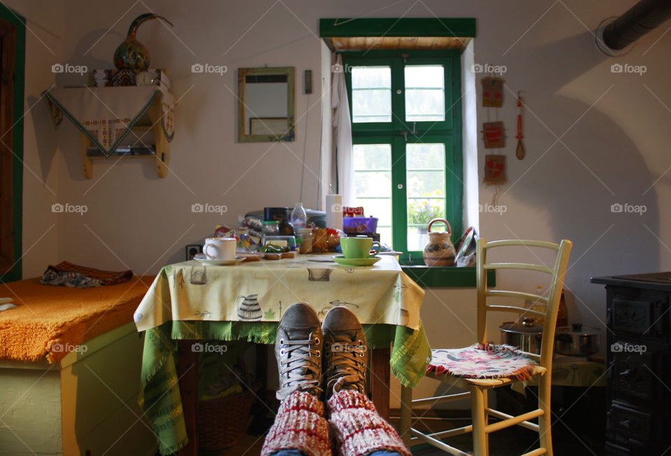 Two cups of coffee on the table in my country house