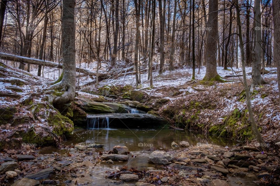 A waterfall in a a forest with a light powder of snow. Lake Johnson Nature Park, Raleigh, North Carolina. 