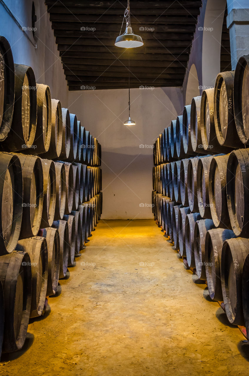Wine Barrels stacked . wine Barrels from Sherry wineyard Tio Pepe 
