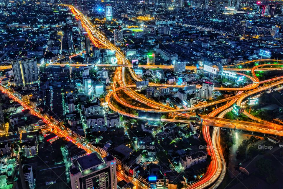 Thailand-February 14 2020:View of Beautiful vehicle light on express way from Baiyoke Tower in Bangkok