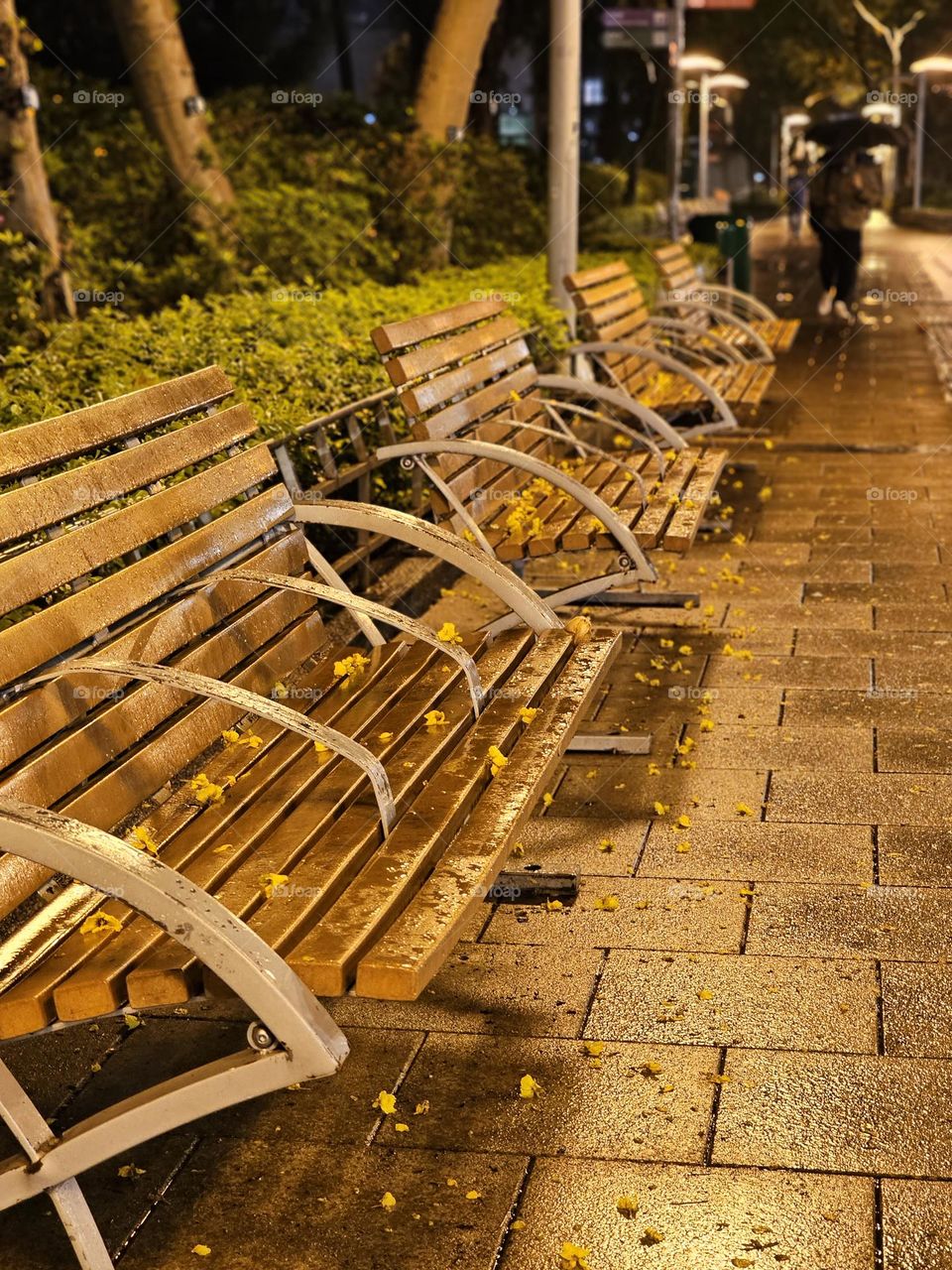 Seeing benches and people with umbrella during nightwall at the Hong Kong Victoria Park