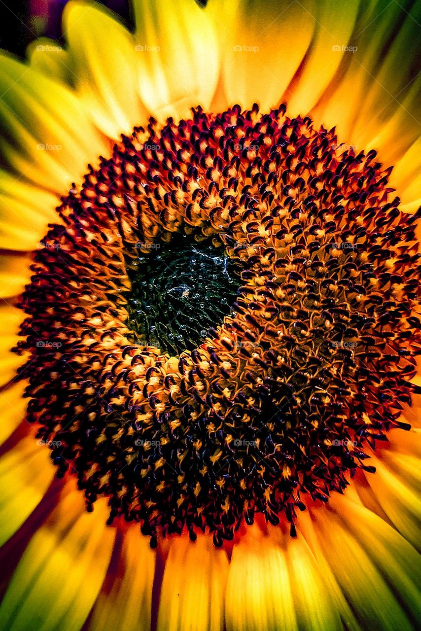 The sunflower flower has two parts. The center is a disc of small flowers tightly packed together. Disc florets are brown, yellow or purple in color. The flowers that surround the disc are called bracts and are golden-yellow in color.