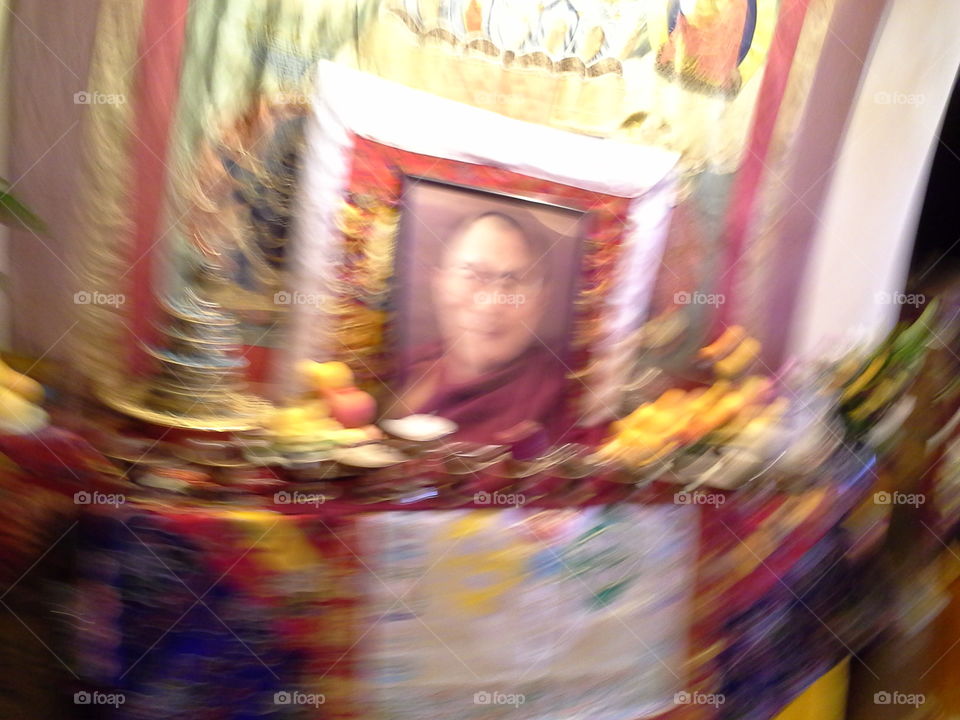 Tibetan Buddhist Altar with Photo of Dalai Lama