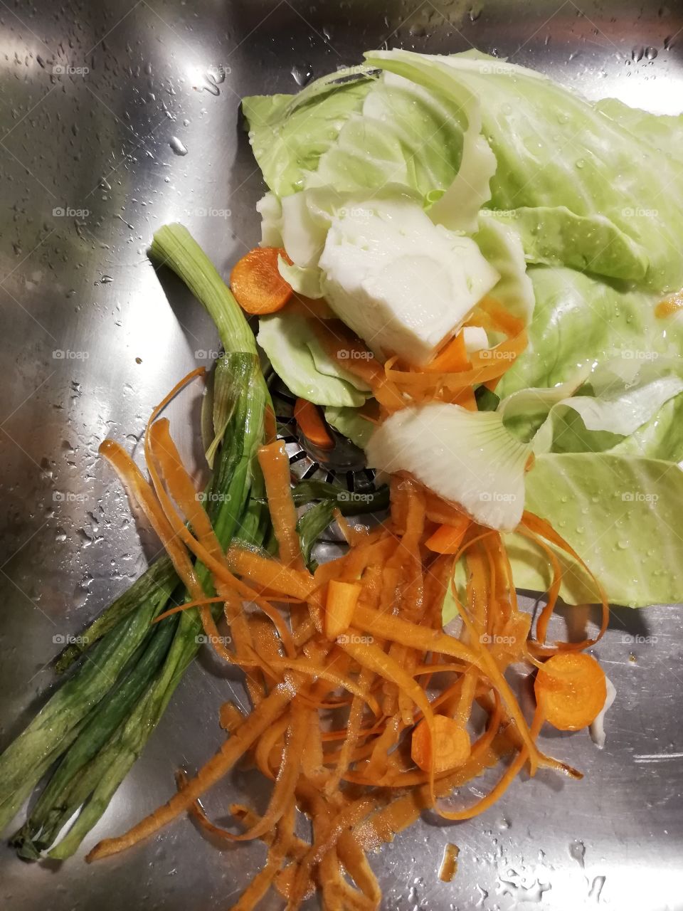 Fresh peeled and sliced carrots, a piece of cabbage head and a skin of onion are on the bottom of the silver color metallic sink. The water has run down through the drain and there is left some water drops.