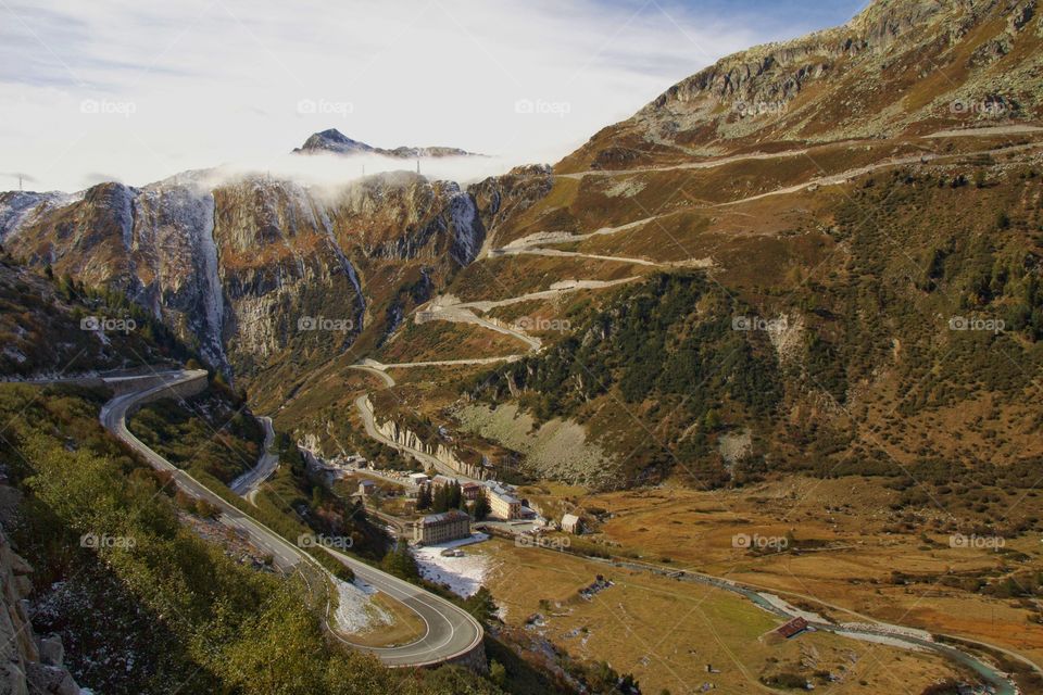 View of winding road, Grimsel Pass, Valais